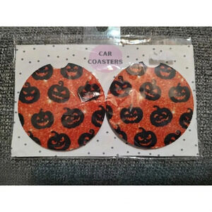 Black & Orange Sparkle Jack O' Lantern Halloween Car Coaster Set